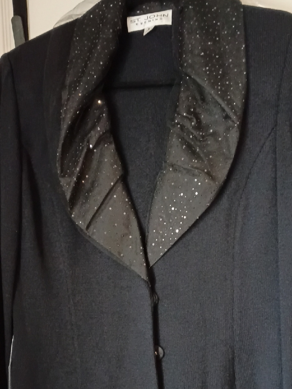 St. John Black Knit Blazer with Sparkling Shawl Collar